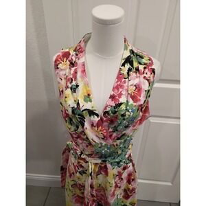 London Times Women 14 Floral Faux Wrap Midi Dress Pink Yellow Sleeveless V-Neck